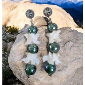 Rattlesnake Vertebrae  & Green Glass Beaded  Dangle Post Earrings